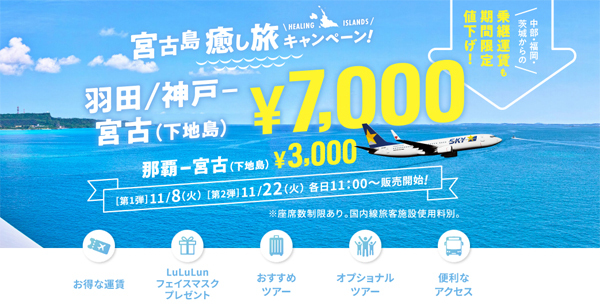 スカイマークは、羽田・神戸〜宮古島（下地島）線が片道7,000円のキャンペーンを開催！
