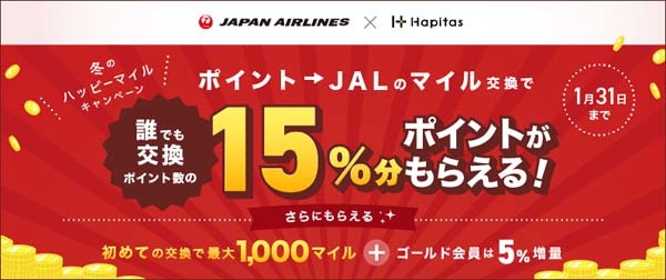 ハピタスは、JALマイルへの交換で15％分のハピタスポイントがもらえるキャンペーンを開催！