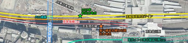 品川駅北側の環状4号線・京急地平化工事に伴う仮線の敷設範囲と高輪築堤が埋没している範囲